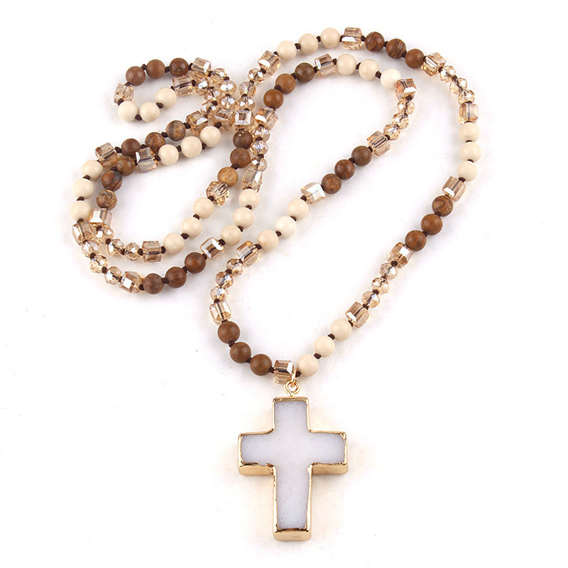 Fashion Bohemian Style Natural Stone Mixed Glass Cross Sweater Chain