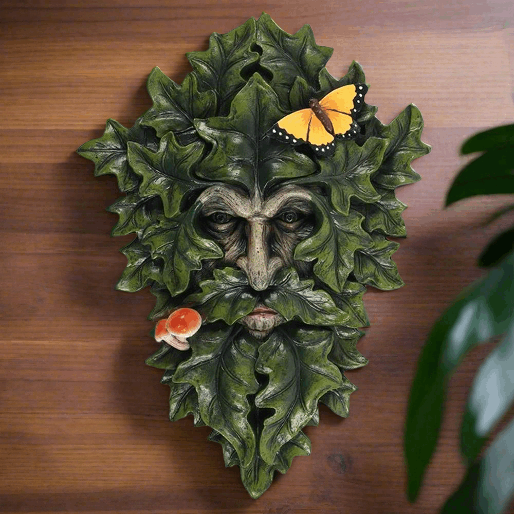 Green Man Wall Plaque with Butterfly & Toadstool - Indoor/Outdoor Decor - 29cm