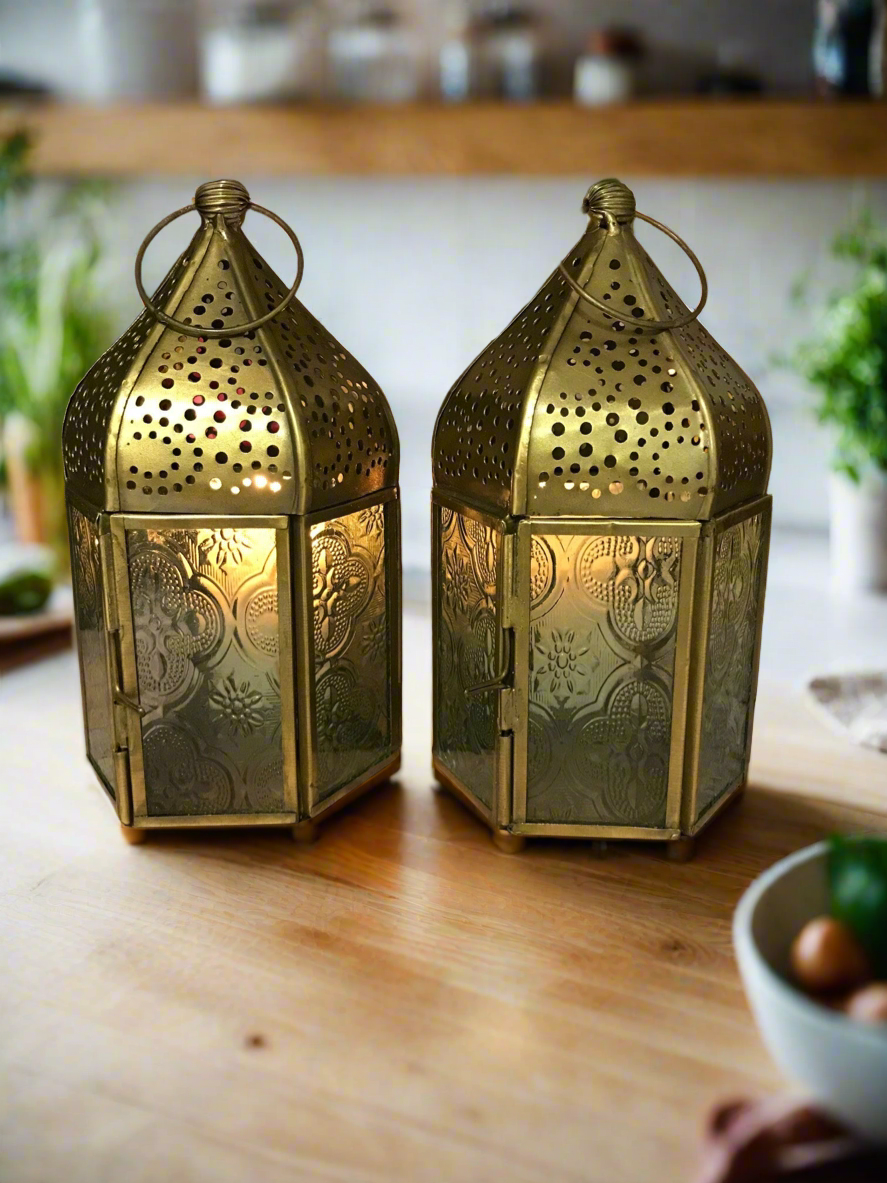 Set of Two Moroccan Style Lanterns Brass Tea Light Candle Holders Ornaments