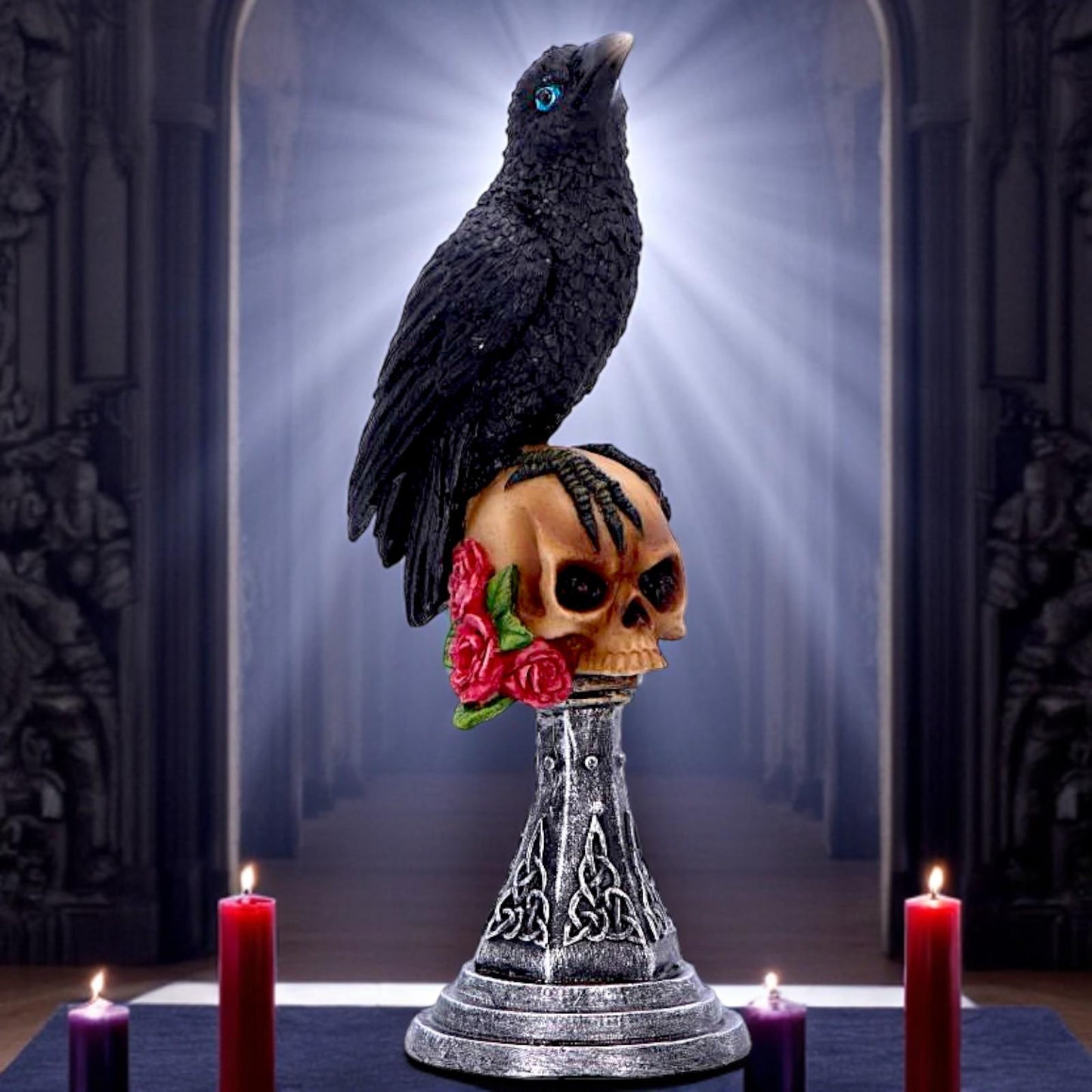 Raven on Skull Gothic Figurine Celtic Rose Base Ornament Occult Horror Statue