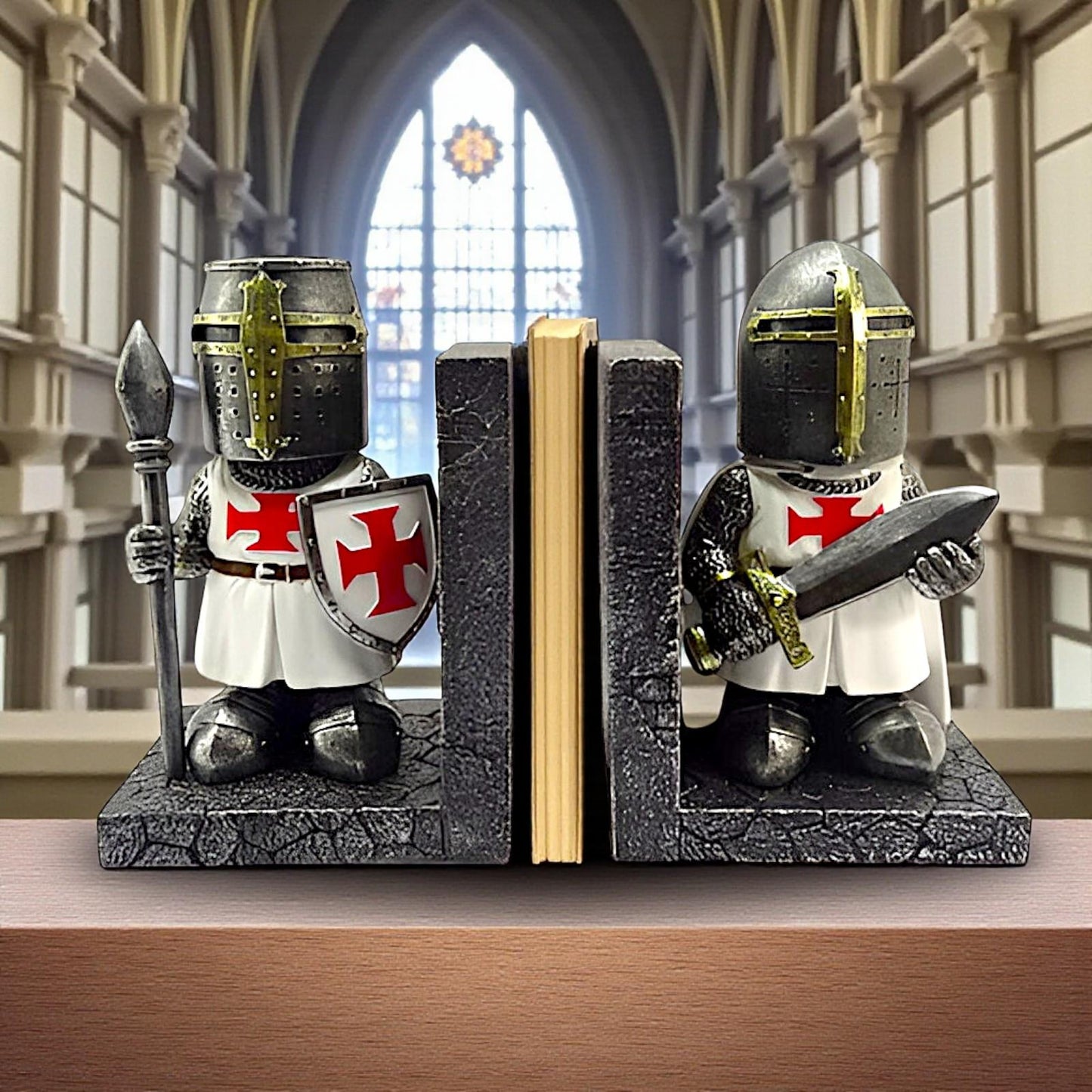 Templar Knight Bookend Set Medieval Warrior Crusader Gothic Library Decor
