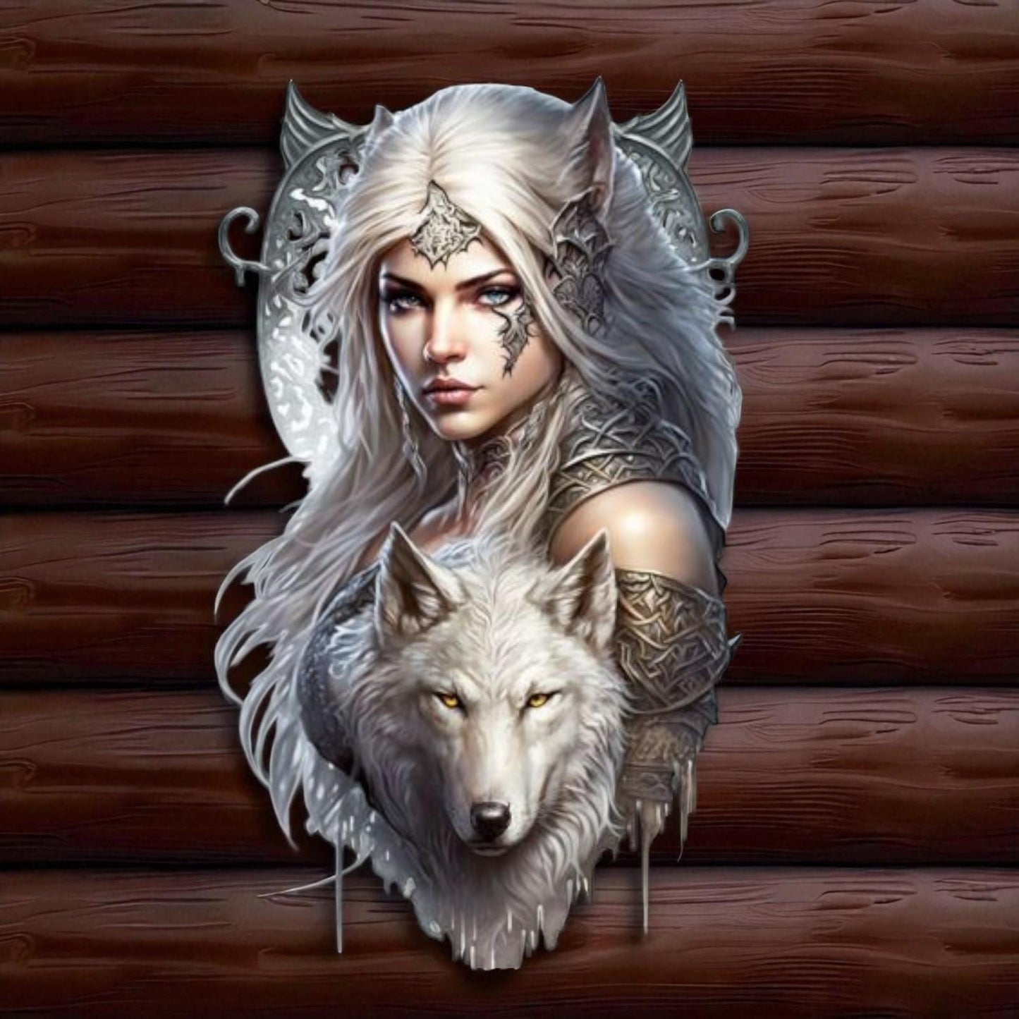 Fantasy Wolf Warrior Wall Plaque Metal Art | Gothic White Wolf Woman | Norse Myth Inspired Decor 48cm