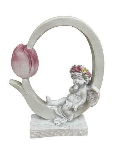 Cherub Angel with Tulip Ring Figurine | 16.2cm Resin Angel Decor | Whimsical Floral Cherub Statue