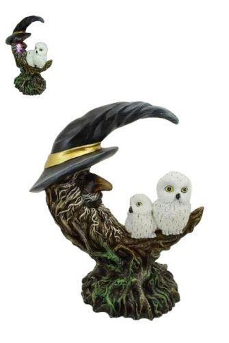 Magical Owl and Tree Man Sculpture with LED Light - Witch Hat Design, Enchanting Home Decor 18cm