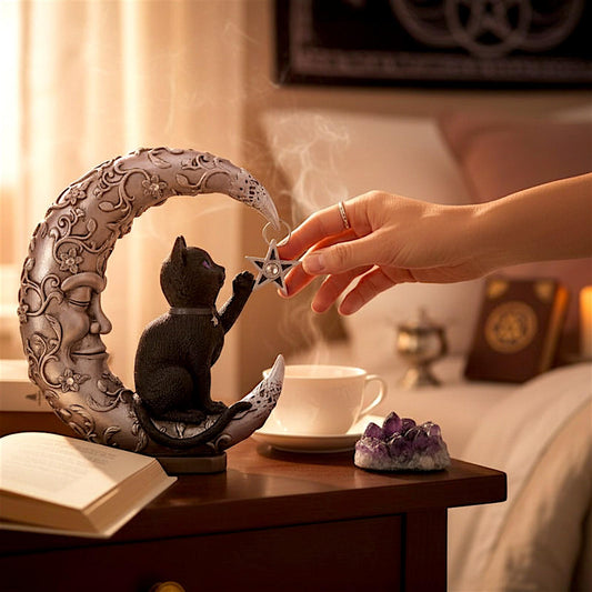 Celestial Moon and Cat Statue Enchanted Lunar Feline Ornament Witchy Decor