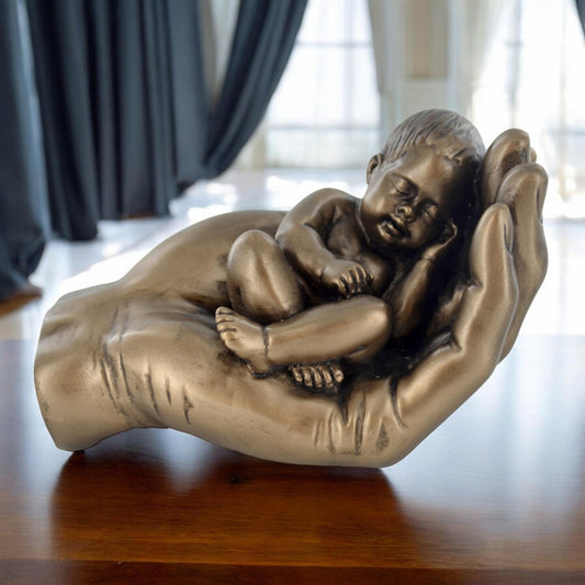 Bronze Finish Baby in Hand Sculpture, Charming Resin Statue, Heartwarming Gift for New Parents