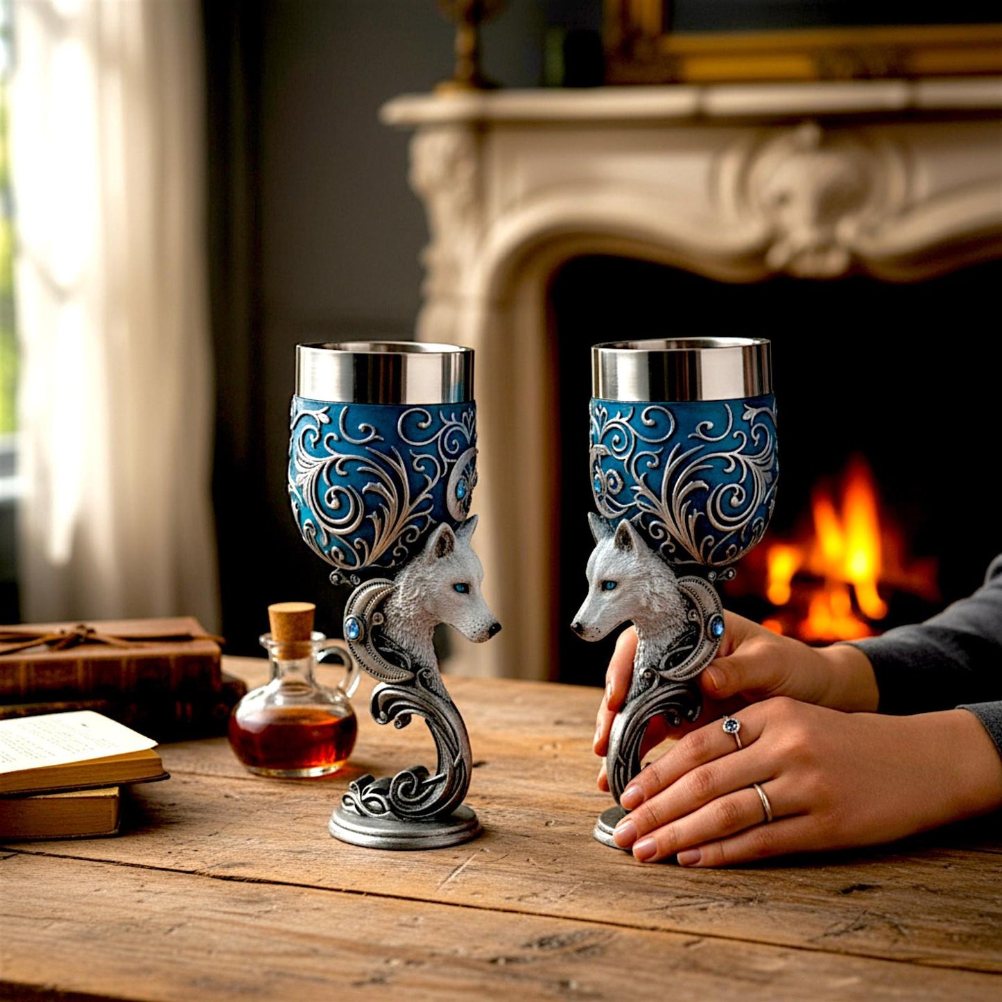 Fantasy White Wolf Enchanted Goblet Set Gothic Chalice Mystical  Drinkware Art