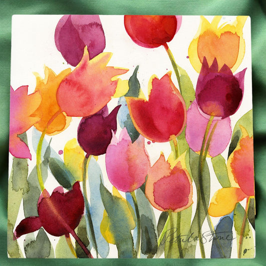 Colourful Tulips Ceramic Art Tile 20x20cm Wall Decor Plaque by P Stone - Ready to Hang-Osiris Craftworks