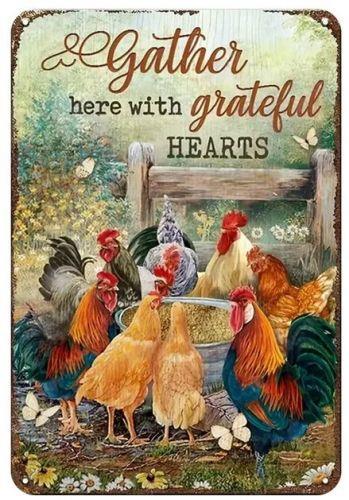 Farmhouse Rooster Chicken Metal Wall Sign Rustic Plaque Grateful Hearts 30x20cm