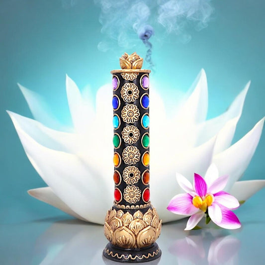 Chakra Totem Incense Burner 31cm - Multicolored Lotus Design, Resin Aromatherapy Holder, Hand-Painted