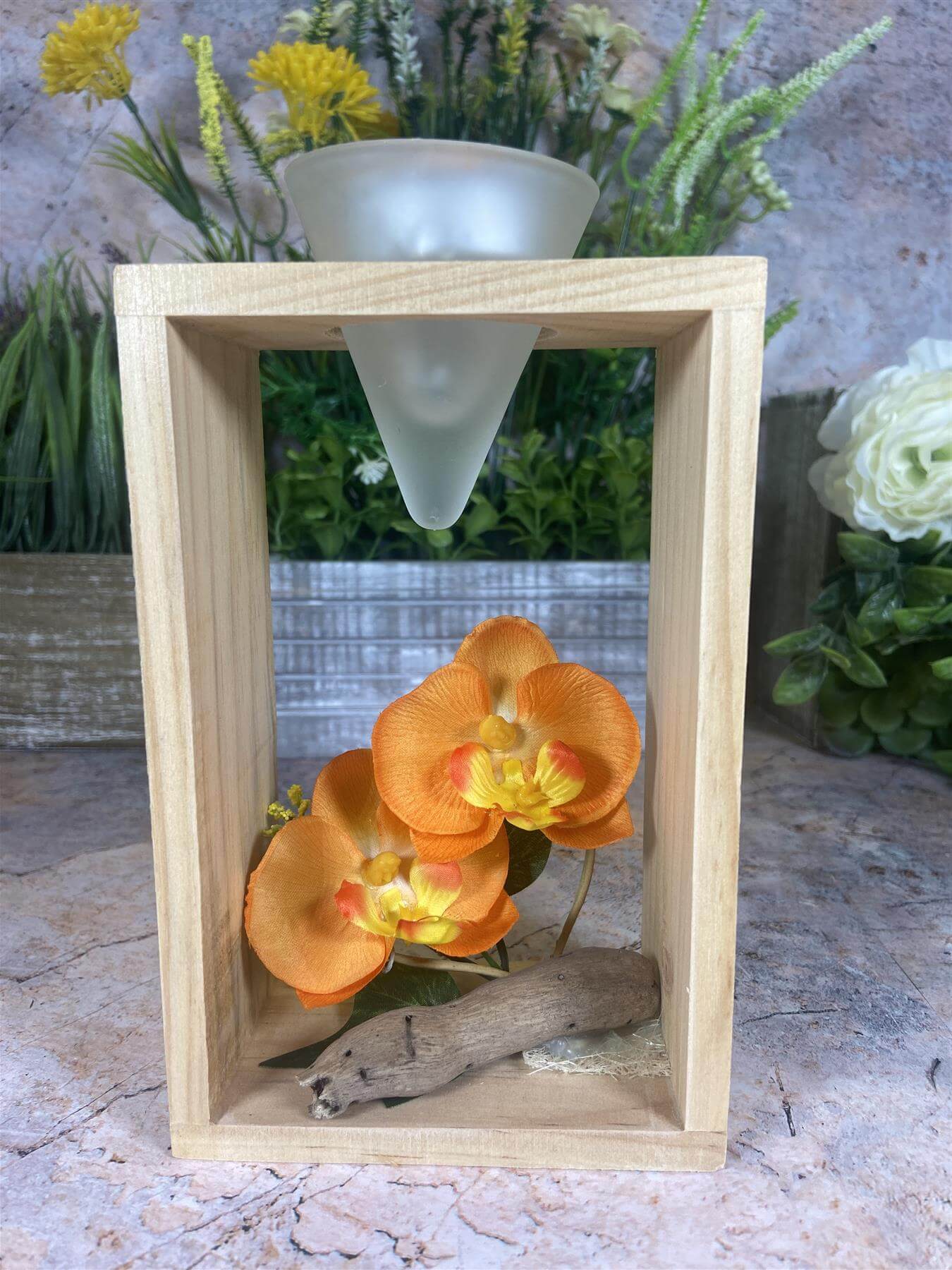 Elegant Orchid Artificial Flower Arrangement with Wooden Candle Holder - 19 cm Tall