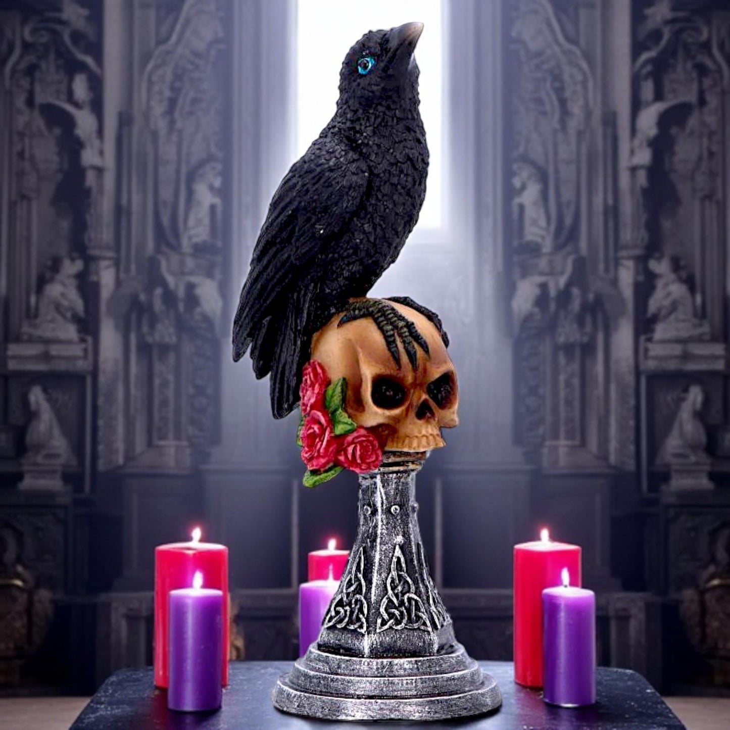 Raven on Skull Gothic Figurine Celtic Rose Base Ornament Occult Horror Statue