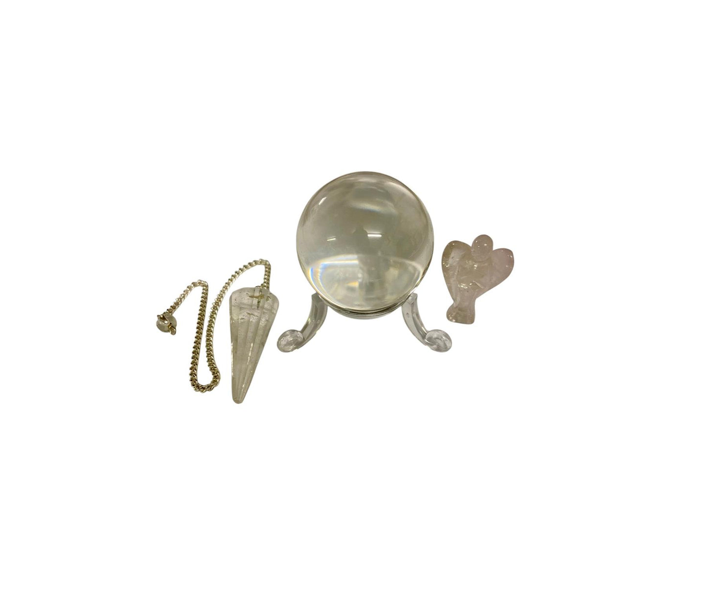 Small Clear Quartz Crystal Ball & Stand, Quartz Dowsing Pendulum & 3cm Quartz Angel Set - 4cm Sphere