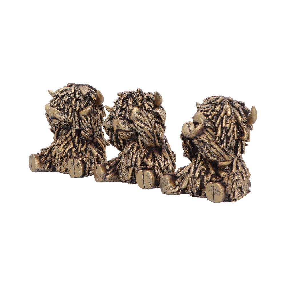 Three Wise Highland Cow Figurines Gold Farm Animal See Hear Speak Set