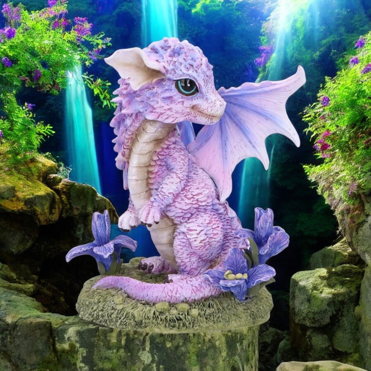 Cute Lavender Dragon Figurine – Mythical Fantasy Resin Statue with Floral Base 12cm