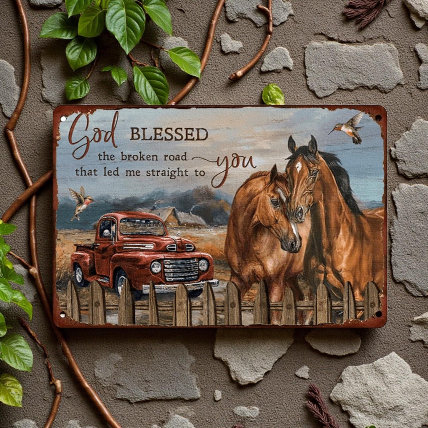 Inspirational God Blessed Metal Wall Plaque Horses Truck Country Home Sign