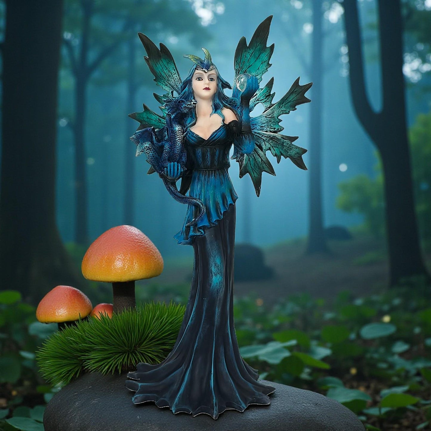 Midnight Fairy and Dragon Figurine Gothic Fantasy Statue Mythical Ornament