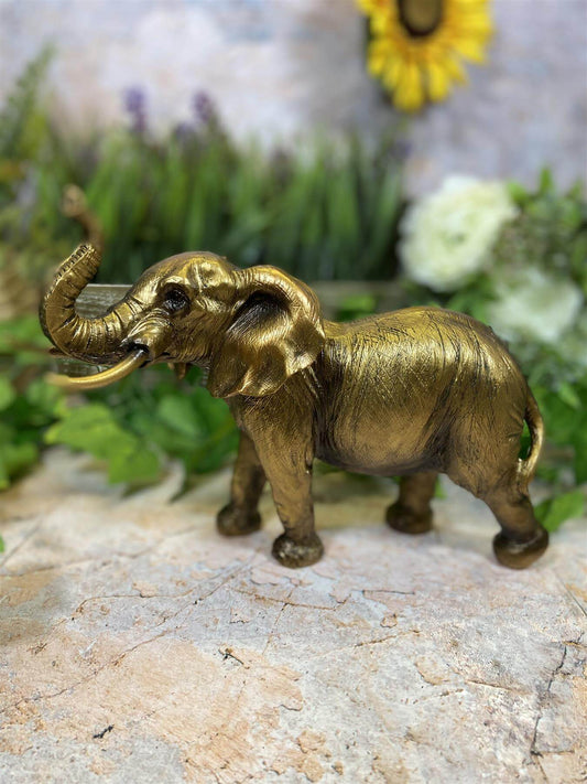 Gold Effect Resin Elephant Statue 24cm Elegant Home Decor Symbol of Strength