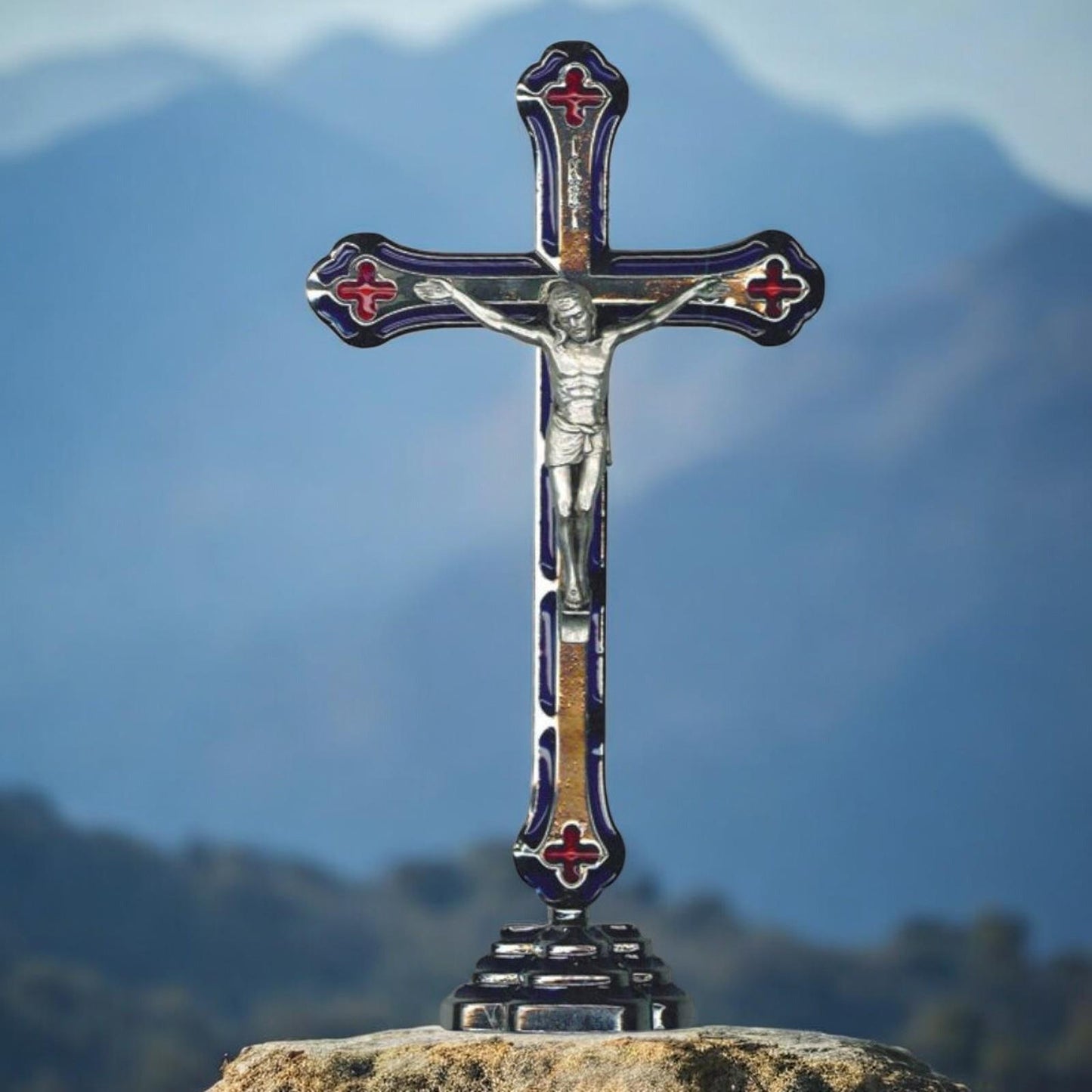 Silver Effect Metal Crucifix with Blue & Red Enamel - Boxed Religious Cross - 15 cm