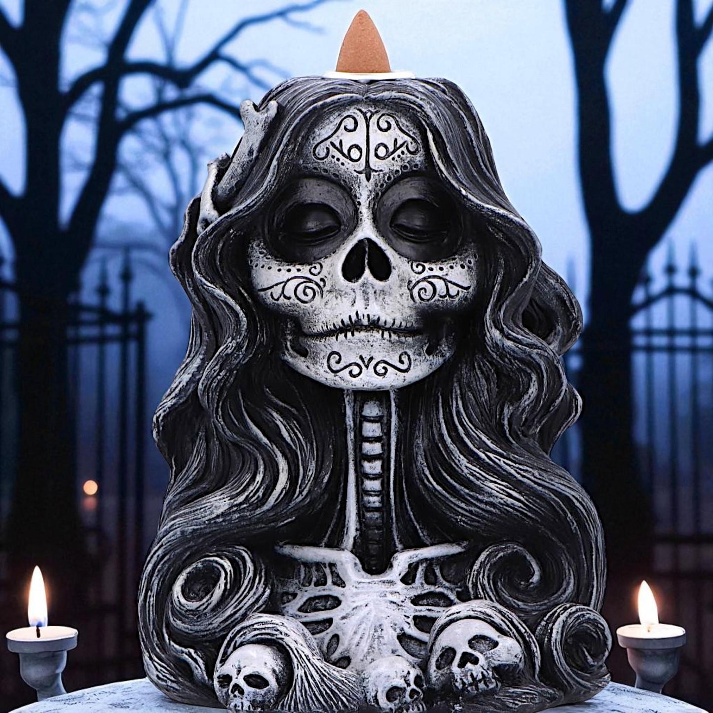 Gothic Skull Backflow Incense Burner Day of the Dead Cone Holder Halloween