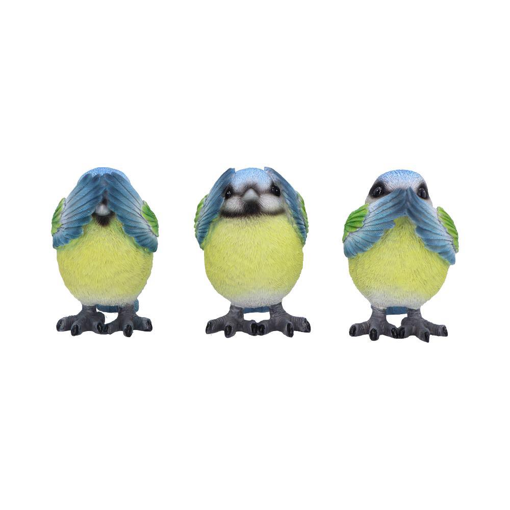 Three Wise Blue Tit Bird Figurines See No, Hear No, Speak No Evil Set Ornaments