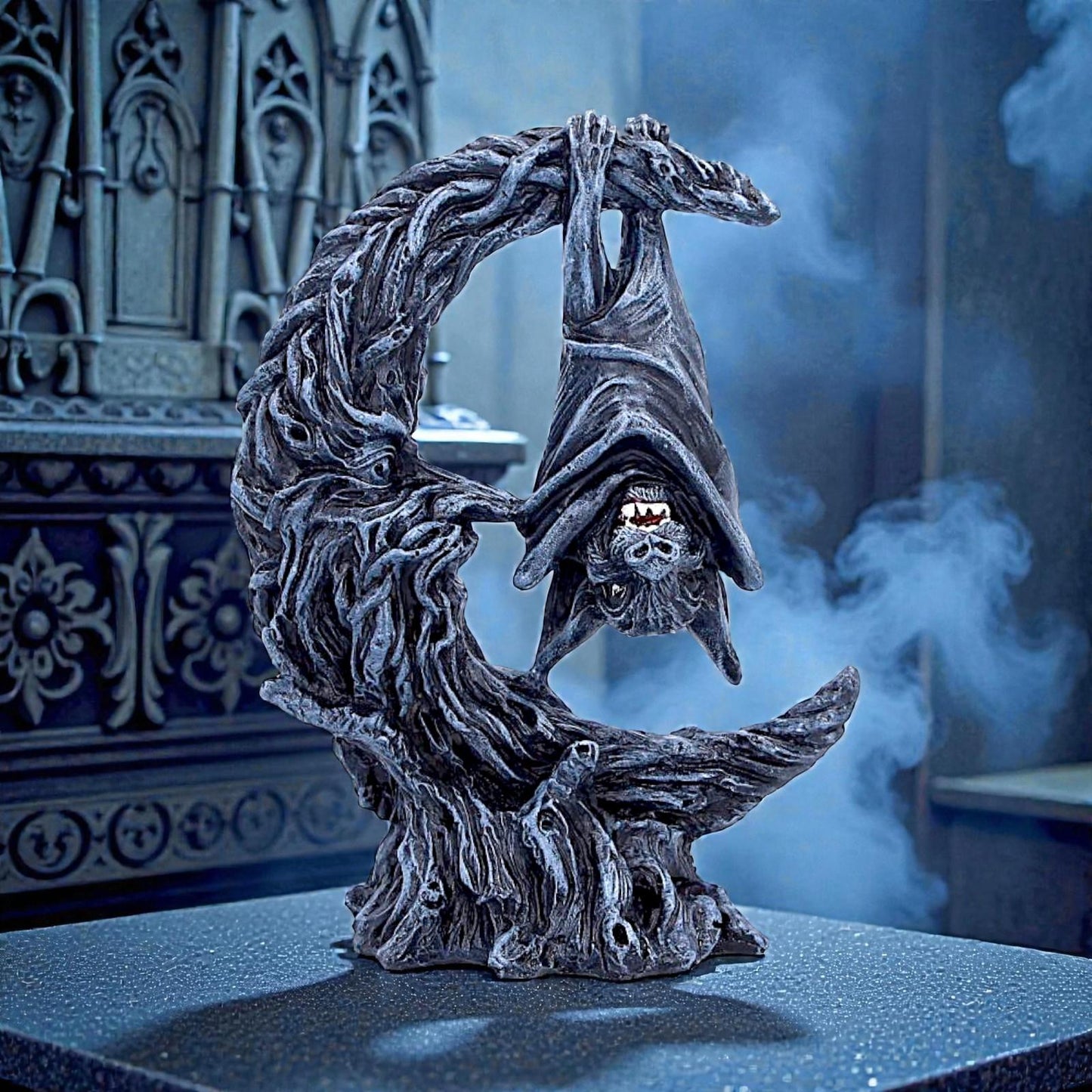 Gothic Bat Moon Figurine Dark Fantasy Decor Crescent Moon Horror Ornament