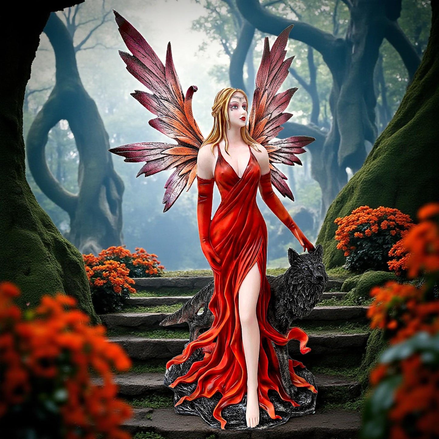 Fantasy Gothic Fairy with Wolf Figurine Wiccan Statue Mythical Collectible Sculpture