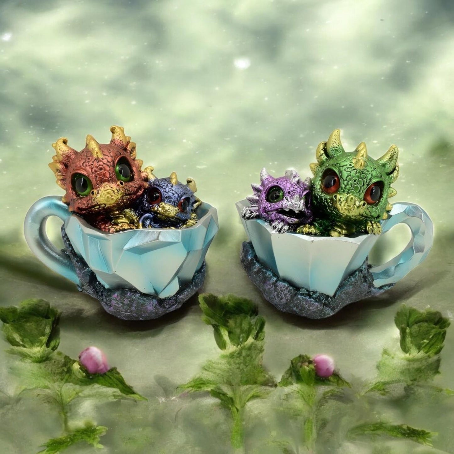 Pair of Dragon Hatchlings 11.2cm - Cute Resin Baby Dragons in Teacup Fantasy Ornaments