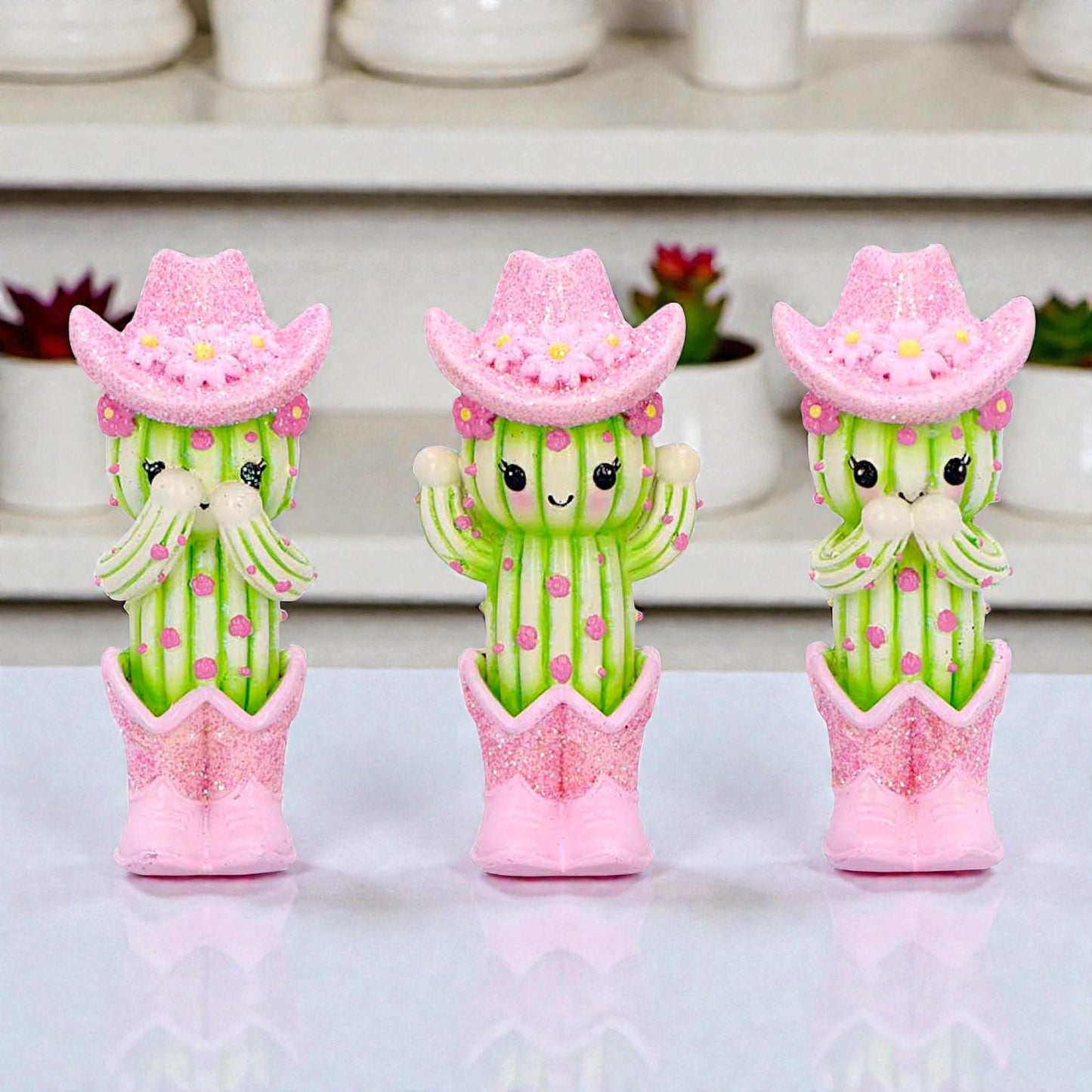 Three Wise Cactus Figurines Cute Novelty Ornament See Hear Speak Evil Decor