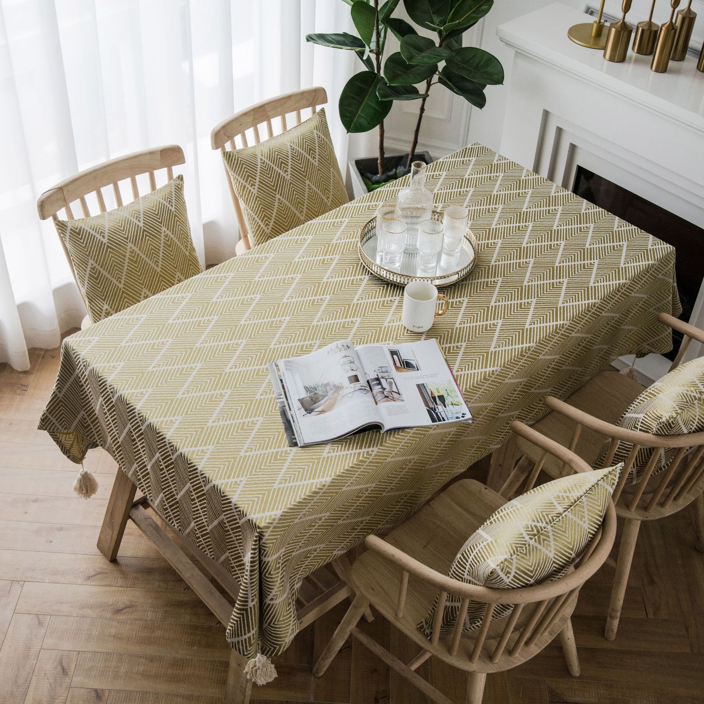 Waterproof Jacquard Tablecloth with Geometric Wave Triangle Pattern - Stylish and Durable Table Cover for Dining Room or Kitchen