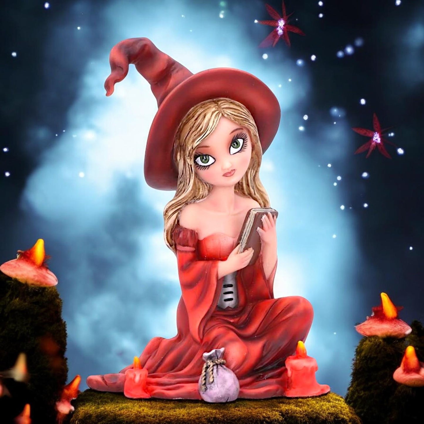 Rina Witch Figurine 15cm | Cute Witch Statue with Book and Candles | Fantasy Decor