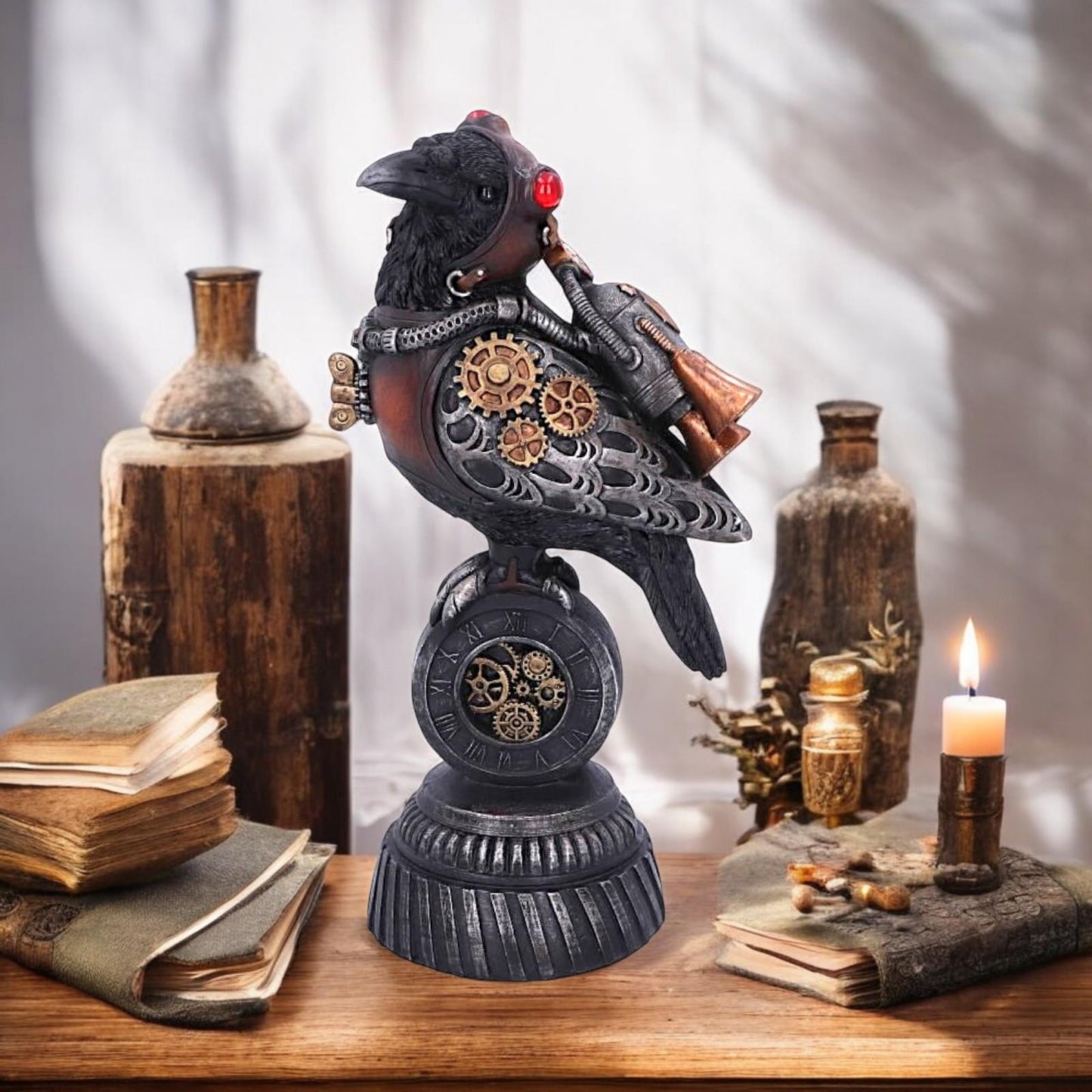 Steampunk Raven Statue - Victorian Mechanical Bird Figurine Gothic Home Decor 24cm