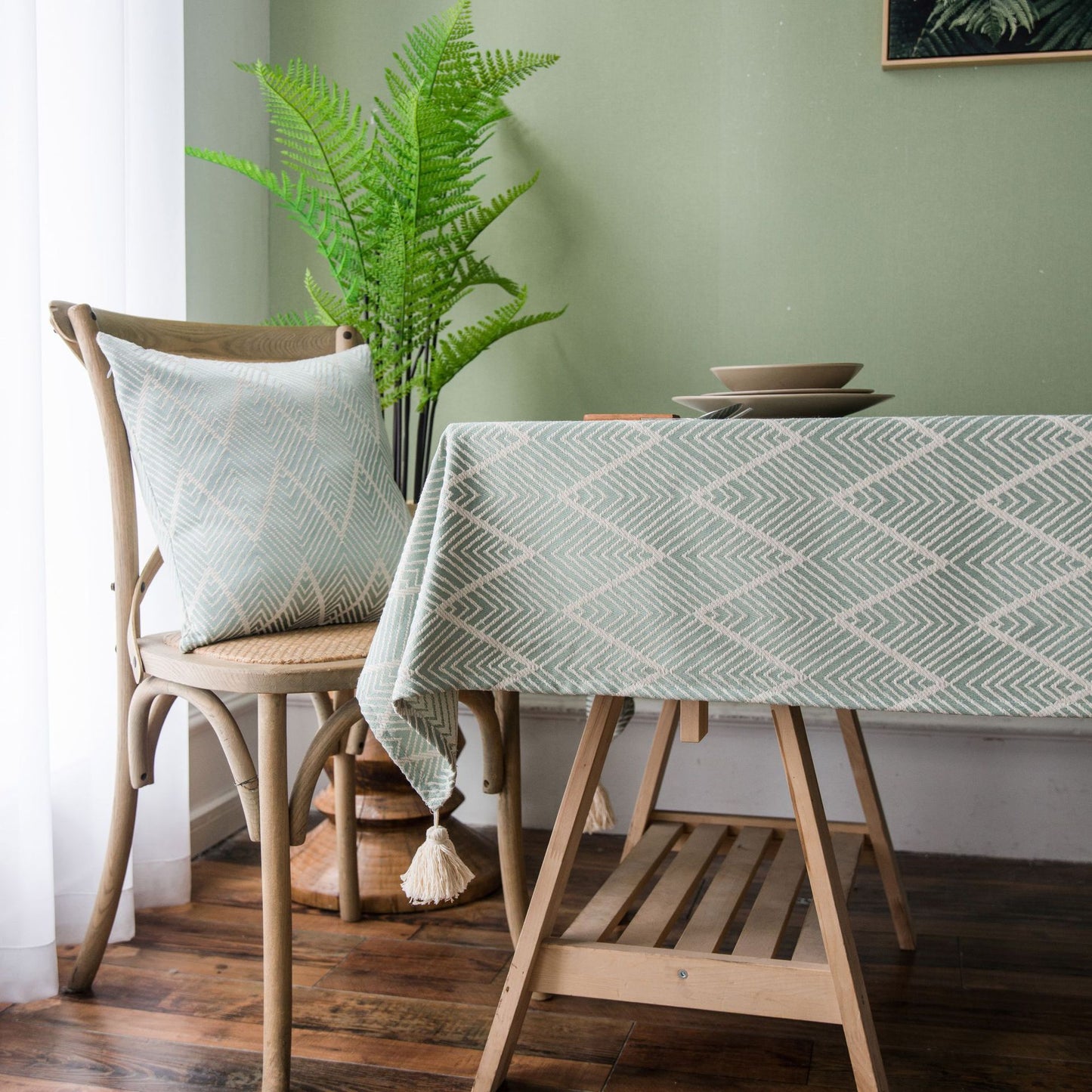 Waterproof Jacquard Tablecloth with Geometric Wave Triangle Pattern - Stylish and Durable Table Cover for Dining Room or Kitchen