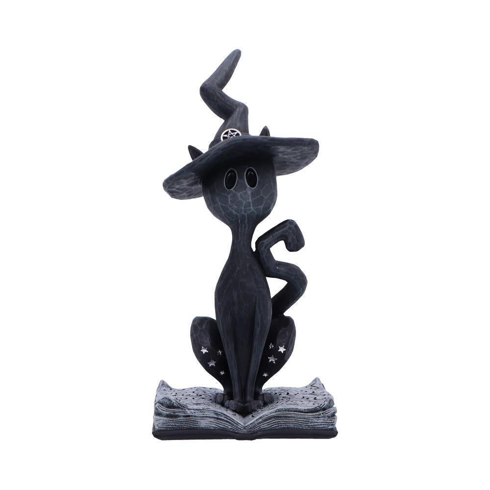 Mystical Gothic Black Cat Figurine on Open Spell Book Wiccan Altar Decor