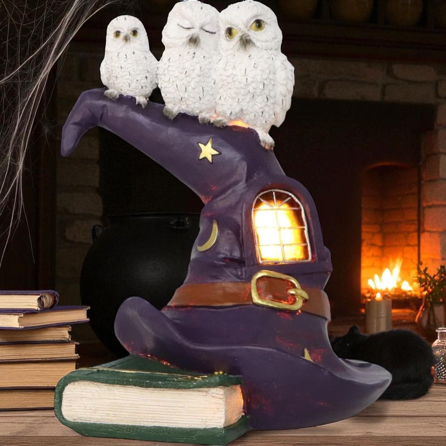 Magical Owl Witch Hat LED Ornament Wiccan Altar Figurine Spooky Halloween