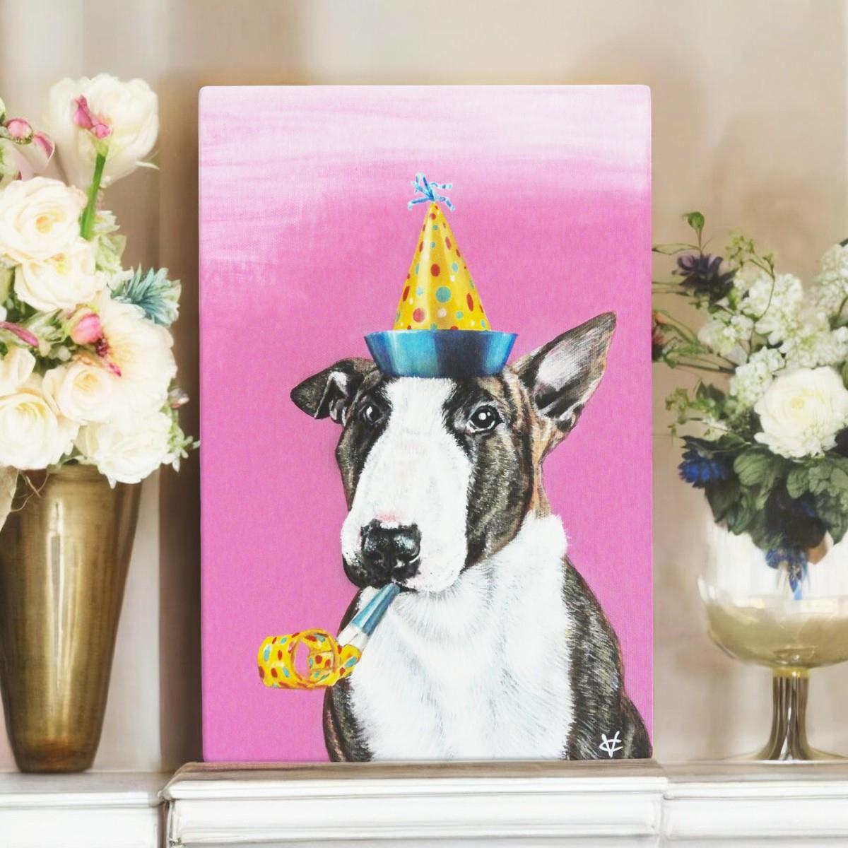 Party Animal Bull Terrier Dog Ceramic Art Tile by Victoria Coleman 20x30cm Wall Decor Ready to Hang-Osiris Craftworks