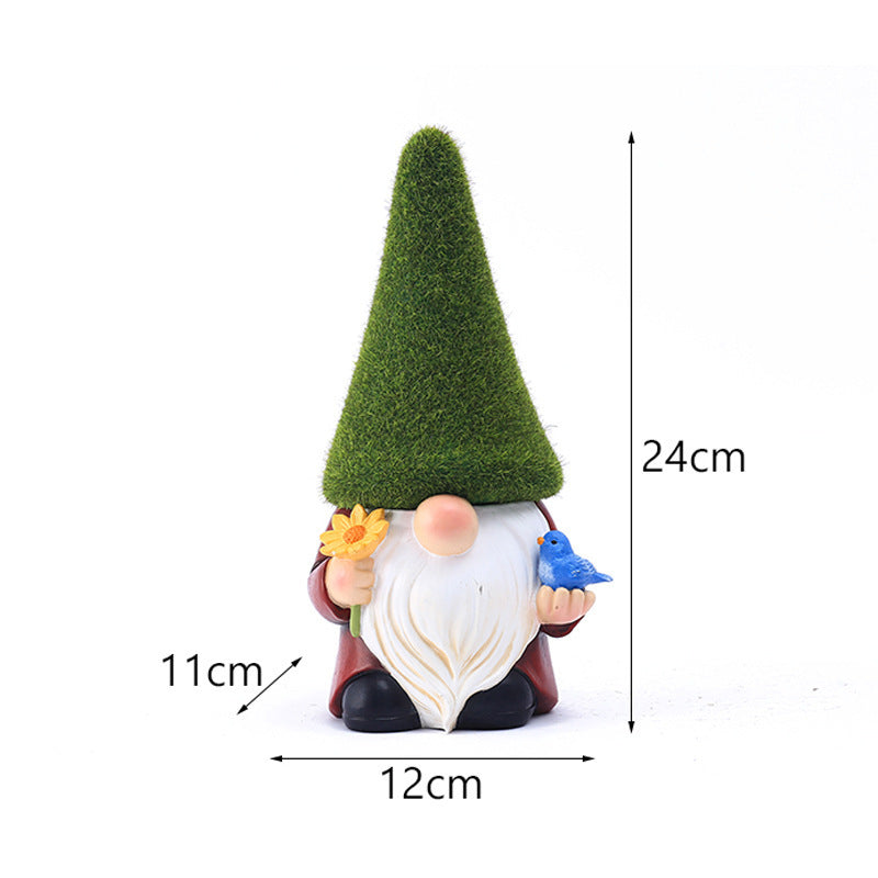 Whimsical Garden Gnome Statue - Moss Hat Design, Handcrafted Resin, Adorable Gnome Holding Bird & Flower, Ideal for Outdoor Garden Decor