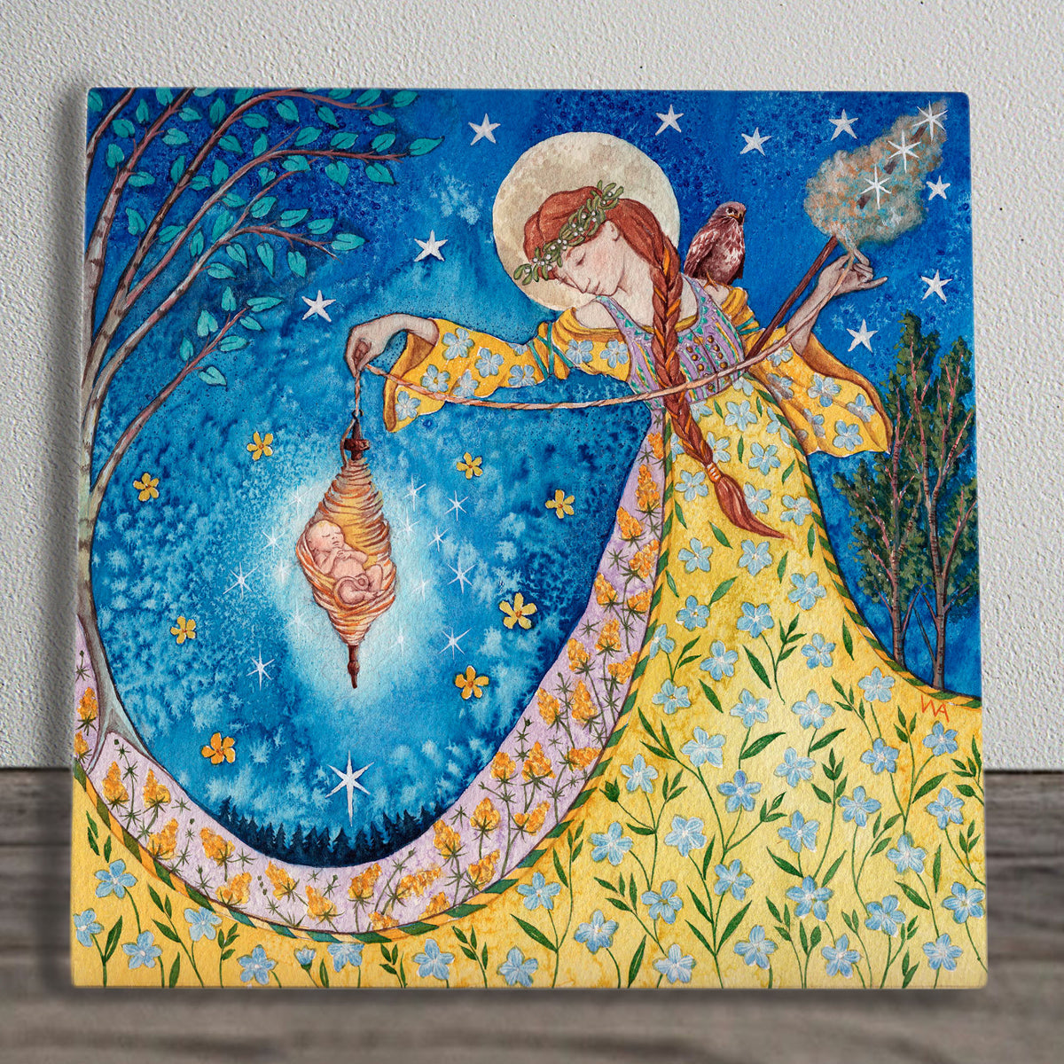 Goddess Frigg Birth Ceramic Art Tile by Wendy Andrew – 20x20 cm Wall Hanging – Mystical Norse Mythology Decor