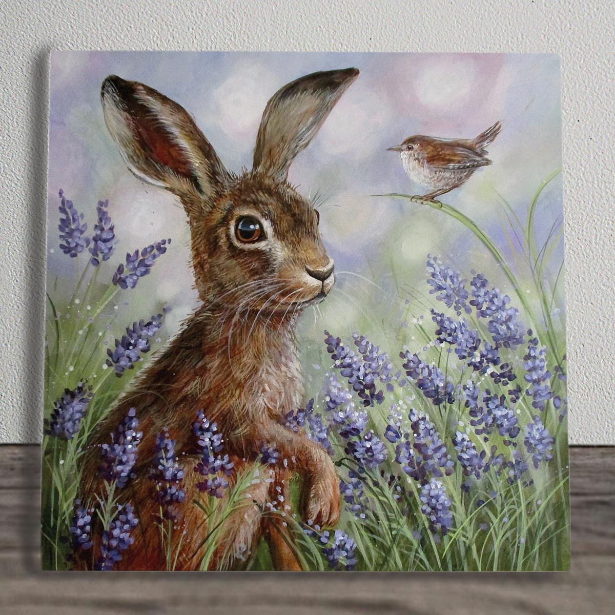 LAVENDER HARE Ceramic Art Tile by Judith Yates 20x20cm – Handcrafted, Wall Art Decor, Animal Lover Gift, Ready to Hang with Gift Box