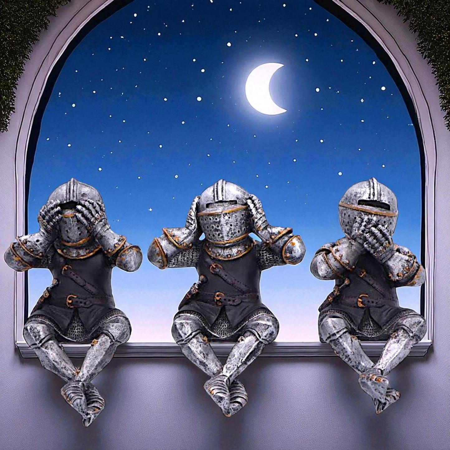 Medieval Knight Figures Shelf Sitters Set Gothic See No, Hear No, Speak No Evil