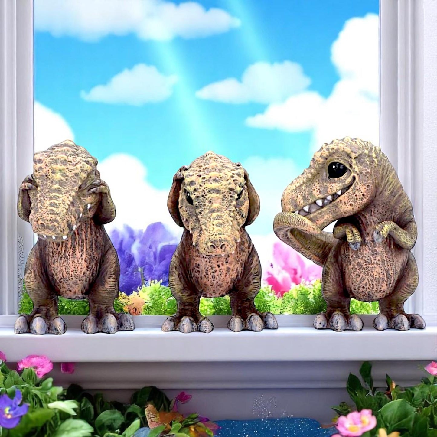 Three Wise T-Rex Dinosaur Figurines Set See No, Speak No, Hear No Evil Figurines