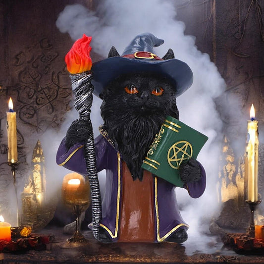 Magical Sorcerer Cat Figurine Wizard Ornament Wiccan Gothic Gift Witchcraft Decor