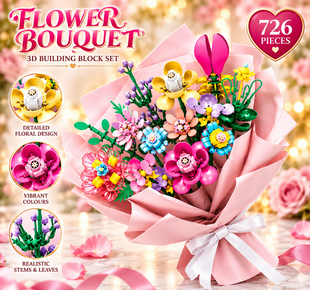 3D Flower Bouquet Building Blocks 726pc Botanical Flowers Construction Set Gift