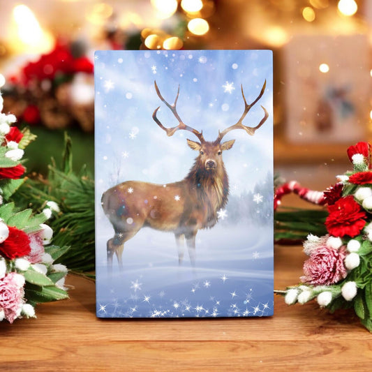 DEER IN THE SNOW Ceramic Wall Art Tile 30x20cm by R. Fathers - Winter Wildlife Stag Scene, Ready to Hang, Home Decor Gift