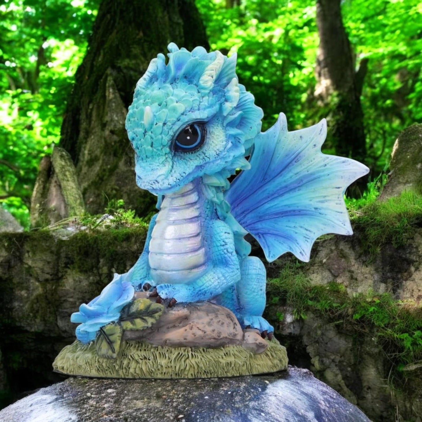 Blue Baby Dragon Figurine 11cm – Fantasy Resin Ornament with Rose & Glitter Wings
