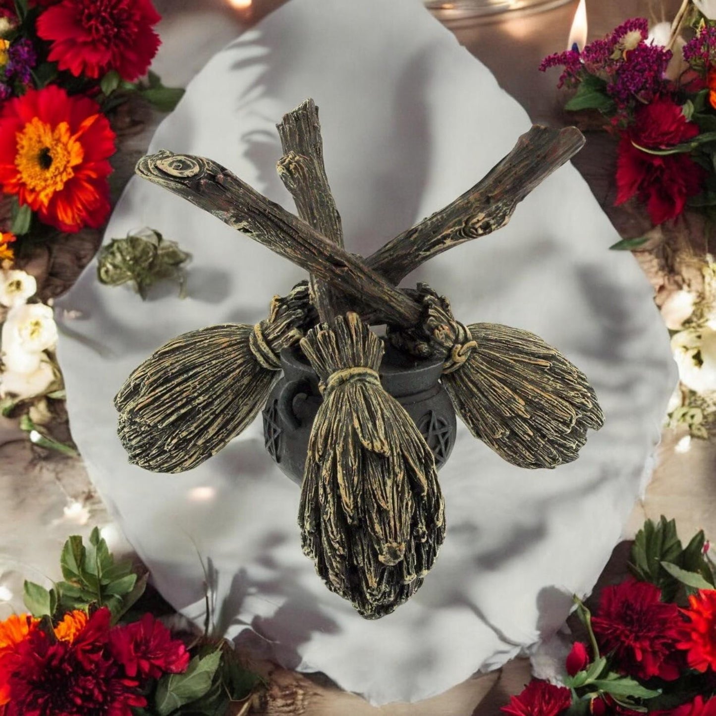 Broomstick Crystal Ball Holder Wiccan Altar Pagan Decor Witchcraft Ornament