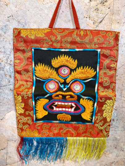 Tibetan Mahakala Embroidered Banner, Silk Brocade & Cotton Wall Hanging, Spiritual Protection Decor, Traditional Buddhist Art, 24x36cm-Osiris Craftworks