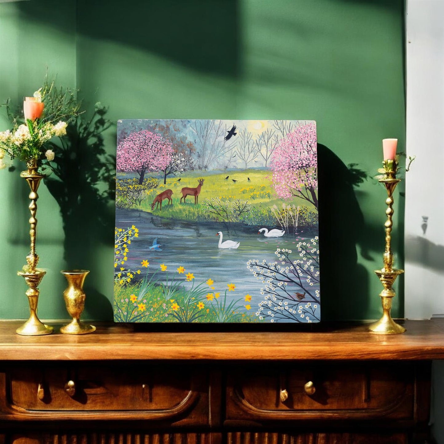 Spring River Ceramic Art Tile by Jo Grundy 20x20 cm - Beautiful Nature Scene Wall Art Ready to Hang