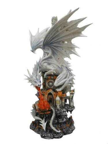 White Dragon Tower with LED Light | 21cm Resin Fantasy Sculpture | Illuminated Dragon Statue