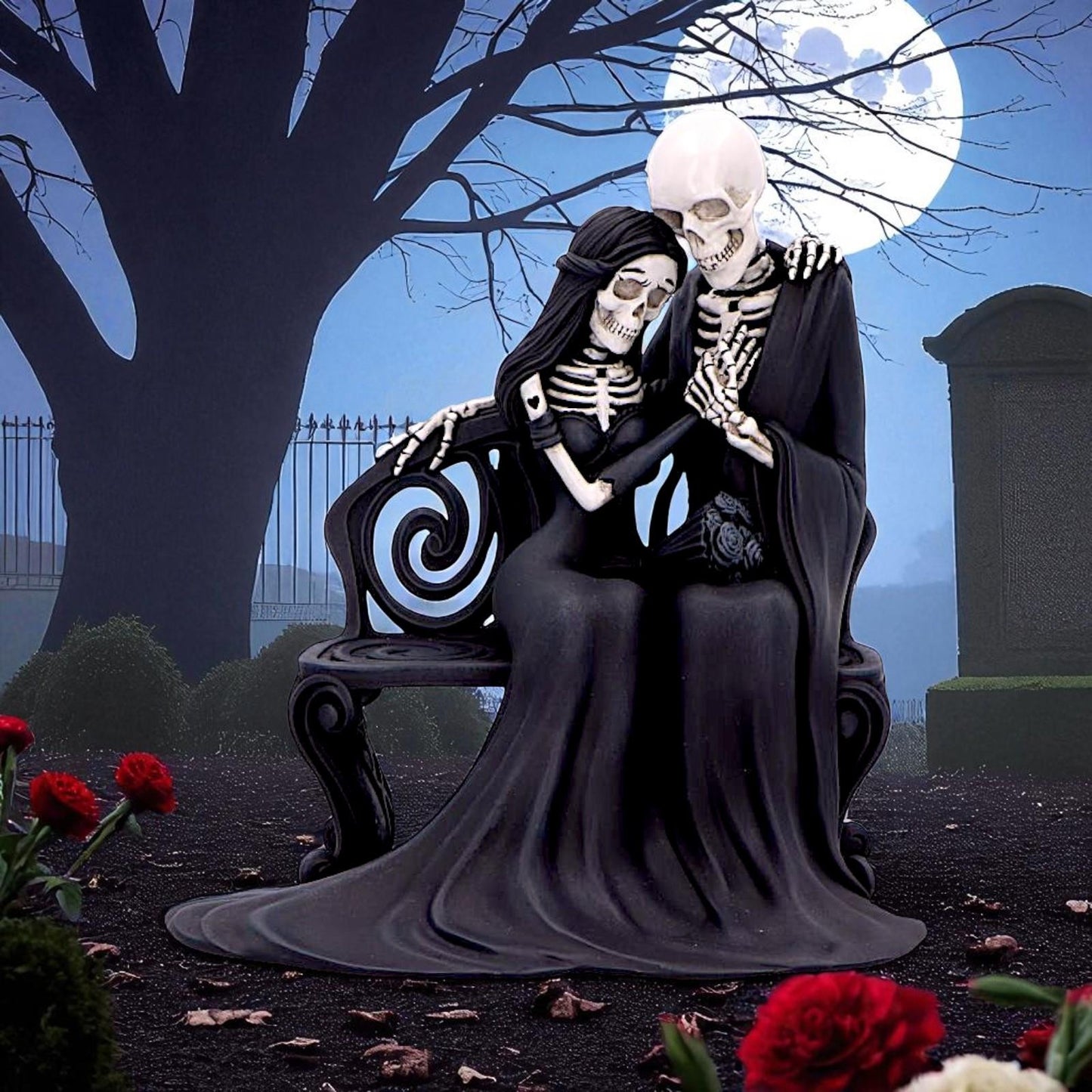 Romantic Death Embrace Statue Eternal Bond Skeleton Couple Fantasy Figurine